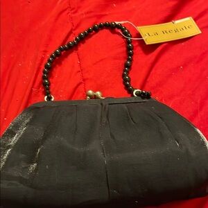 La Regale Black Clutch with Beaded Handle